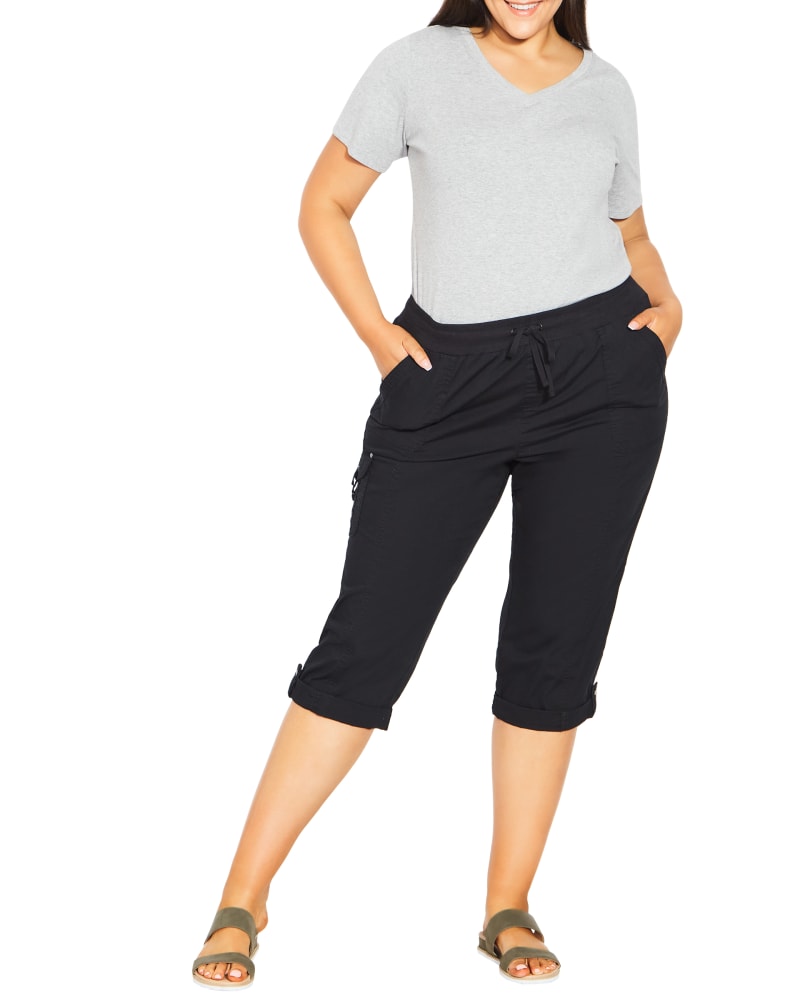 Front of a model wearing a size 14 CAPRI CTN ROLL UP in Black by avenue. | dia_product_style_image_id:265964